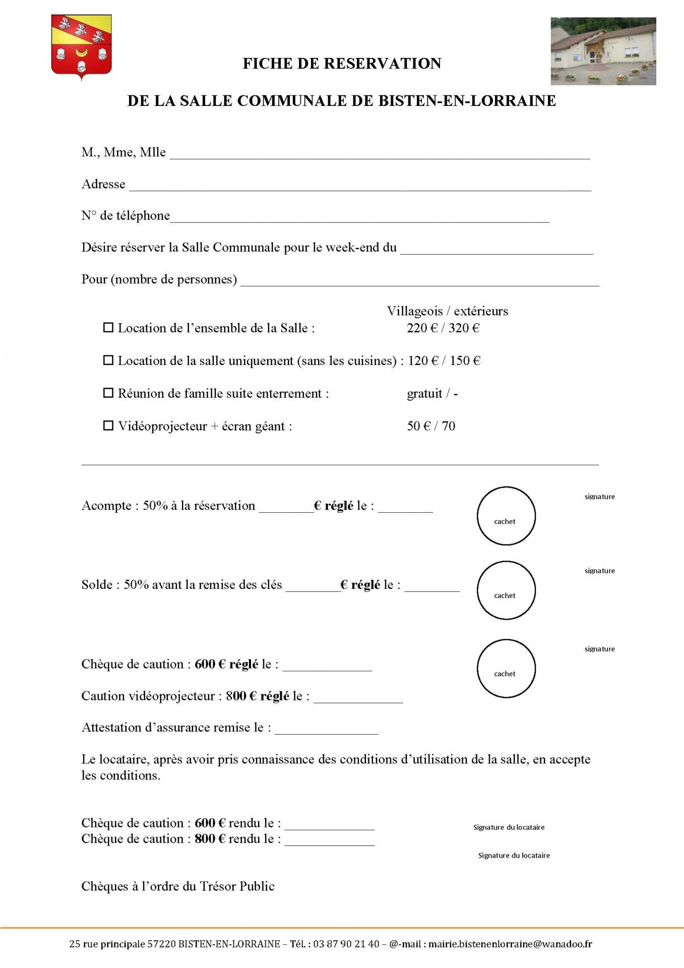 Fiche de reservation salle communale